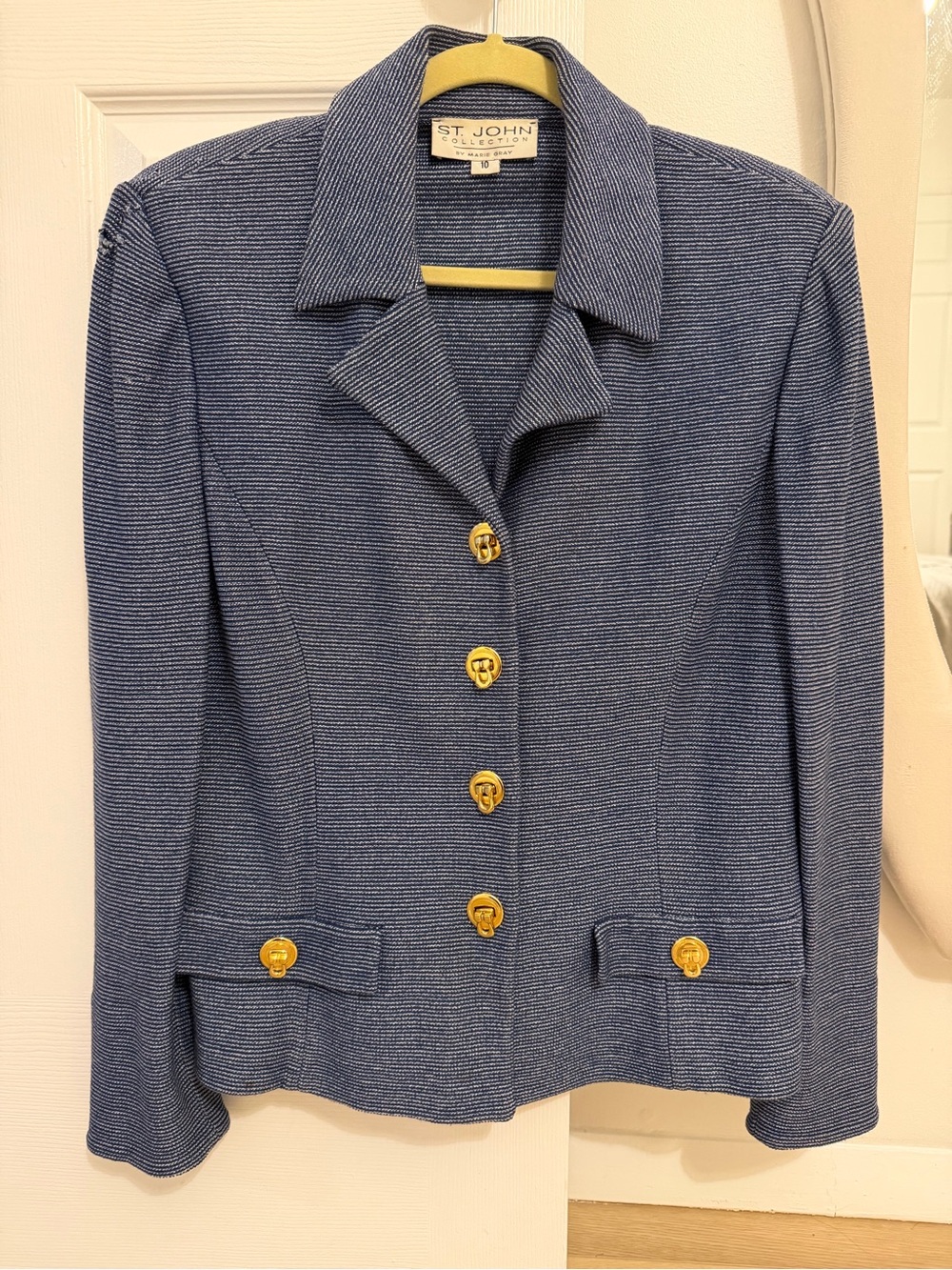 St. John Blue Textured Knit Blazer with Gold Buttons